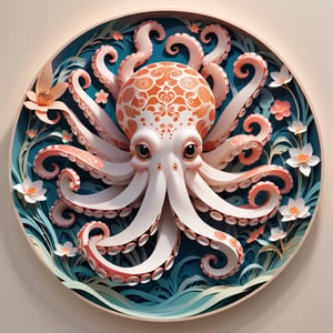 In the style of Morita Aya, a masterful cut-paper artist, an intricately crafted octopus emerges through the precision of cut-paper techniques. Each delicate contour and detail is meticulously designed, capturing the essence of Morita Aya's skillful artistry. The octopus, rendered with exquisite intricacy, showcases a harmonious blend of traditional Japanese cut-paper craftsmanship and the unique touch of the artist's style.,AiArtV,3d style,Flat Illustration,art_booster