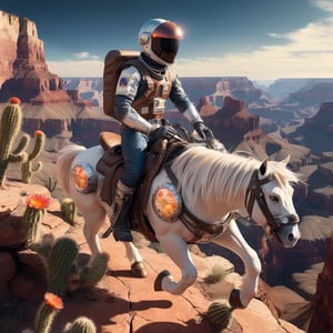 1man, burly cowboy in a sleek astronaut helmet rides across the majestic Grand Canyon on horseback, the light of the setting sun illuminating the red rock formations,
Stars twinkle on the darkened sky. Cowboy leather boots and denim jeans contrast with a futuristic helmet. Cacti and tumbleweeds dot the foreground. realistic style, cinematic lighting,astronaut_flowers,,ParallelObserver
