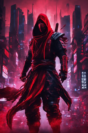 hyper Realistic, Extreme Detailed, (glitch Noise), 1 man, he is a ninja Slayer, ninja killing ninja, Dressed in crimson ninja costumes (only red color:1.4),Draped in a rich crimson garb, the ninja adorns a traditional shinobi head covering and a face-concealing mask, (crimson red Ninja costume), (wearing a very very long red scarf:1.2), (no-weapon:1.2), wearing gauntlet, they fight in the darkness of the city, Wearing a ninja mask with kanji written on it,face with shadow,(Eyes Emit strong red Light and leave a band of light:1.2), He doesn't have a weapon, raise fist Fighting pose in anger,
Brake
background: heavy acid rain, CyberPunk, The streets of Tokyo lined with futuristic mega buildings, golden cube floating in the sky

,Obsidian Enigma Art Style,Gric,photo r3al,neon,LegendDarkFantasy,Ninja