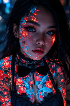 anime Style,1 girl, gothic emo girl, long black hair and piercing blue eyes, sickly white skin, nose piercing, she wears a black lace corset, luminous body tattoos, Japanese tattoos, red cherry blossoms on her skin and blue koi fish intertwine across her body covered in glowing cyber tattoos with Japanese motifs,background highlighting the brightly glowing tattoos of neon blue and red backlighting, highly detailed,ct-identity,tron legacy style,glowingstyle,Midjourney_Whisper,TattooMale