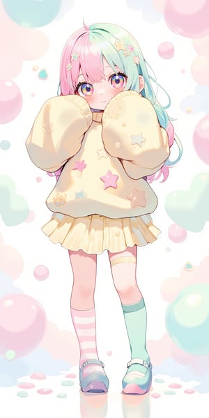 1girl,Cute anime-style Vtuber girl, big expressive eyes. Split hair color: pastel pink on right, mint green on left, long wavy style. Kawaii pastel fashion: oversized sweater with star patterns, pastel yellow pleated skirt. Extra-long sleeves covering hands, creating cute smiling,Thigh-high striped socks, pastel blue mary jane shoes. Patchwork stitching visible on face and body, giving a doll-like appearance. Small bandages on cheeks. Detached sleeves with ribbons. Heart-shaped hair clips. Soft, dreamy background with floating bubbles and stars. Pastel color palette throughout. Slight blush on cheeks. 2D anime art style with clean lines and soft shading. High detail, 8K resolution.