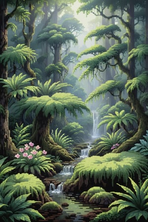 pixel art,
environment), (beautiful scenery)
Masterpiece, best quality, 8K, high res, ultra-detailed,  amongst lush greenery, adorned by vibrant flowers, no humans, beautiful view, ultra-detailed, fine detailed, highly detailed, intricate, highly detailed, ultra-detailed, scenery, no humans, misty atmosphere, solitary, intricate details, delicate features, verdant trees, soft moss, deep forest, intricate leaves and vines, wisps of light, verdant green, ,wild nature oil painting,