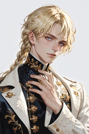 Extreme detailed,Realistic,solo,aesthetic art,
official art, extremely detailed, Extreme Realistic,  Nordic beautiful teen boy,beautifully detailed eyes, detailed fine nose,((long blonde hair:1.2)),
long braid hair, detailed fingers,muscle body, wearing extremely detailed luxury male Prince Albert coat, high quality, beautiful high Detailed white short hair,boy,emo,