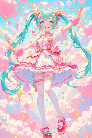 digital art, anime style illustration, cute magical girl, long turquoise twin tails, blue eyes, white and pink frilly dress, red platform shoes, white thigh-high socks, cheerful expression, arm raised in greeting, colorful ribbons floating, pastel color palette, sparkles and stars swirling energy effects, magical wand, heart motifs, fluffy clouds, bubble-like spheres, candy-colored background, soft lighting, cel-shaded, clean linework, vibrant colors, kawaii aesthetic, dynamic composition, 2D style, high detail, fantasy elements, whimsical atmosphere