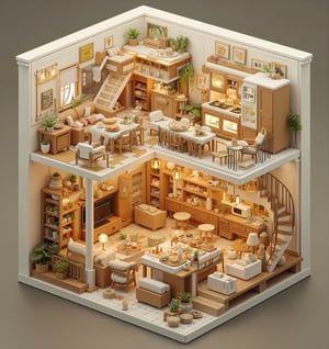 Isometric miniature diorama, a beautifully lived-in house, a cozy multi-storey home. Exquisite details of the living room, kitchen and outdoor terrace. Tiny furniture, bookshelves, potted plants and decorative items. Checkered floor tiles and a spiral staircase connecting the levels. Warm lighting and miniature food on the table. Balcony with railing and hanging plants. Micro-scale architecture with dollhouse aesthetics. Rich textures, wood grain details. Photorealistic rendering, soft and warm colors. Miniature-inspired tilt-shift effect. High definition 8K resolution. ,noc-isometric,resin,OBdengzhou