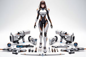 A sleek female android, in modern cyber aesthetic standing in center, featuring white and black armor panels with orange accent details, long dark brown hair and bright blue eyes, wearing high-tech armored leotard design with mechanical joint details, symmetrical weapon and equipment layout displayed before her on pure white surface, loadout includes: dual large thruster units in white and dark gray with blue energy indicators, mechanical arm attachments with detailed servo motors, transformable claw units with blue sensor details, spare joint parts showing internal mechanisms, tactical sensor units with glowing blue elements, modular armor panels with connection ports visible, articulated mechanical hands with multiple configurations, circular stabilizer units with technical markings, spare leg armor components with hydraulic details, energy blade weapon in standby mode, all parts arranged in perfect symmetrical pattern, clean white studio backdrop with subtle gradient, professional figure photography lighting setup emphasizing mechanical surfaces, ultra-sharp focus showing intricate technical details and panel lines, photorealistic detail capturing both organic and,\mechako\,cool_Anime