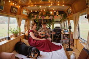 Warm intimate scene inside a decorated van conversion, Interior decorated with hanging fairy lights and colorful triangle bunting flags across ceiling, Climbing ivy and potted plants adding natural greenery to the space, Vintage-style lanterns hanging from wooden ceiling panels, Woman in flowing burgundy medieval-style dress with decorative metal disc accessories sitting comfortably on cushioned seating, Man in earth-toned clothing and brown fedora playing wooden resonator guitar, Black and tan dog relaxing on white bedding in foreground, Warm afternoon light filtering through large windows creating soft natural lighting, Interior features wooden paneling and cream-colored upholstery, Cozy bohemian decorations including tasseled curtains and vintage frames, Musical equipment and microphone stand set up for recording, Small personal items and instruments scattered around showing lived-in feel, Warm color palette dominated by browns beiges and burgundy tones, String lights creating ambient glow throughout the space, Vintage music equipment and records visible in background storage, Overall atmosphere suggests traveling musicians' mobile home with artistic bohemian aesthetic, Mix of vintage and handcrafted elements in decoration, Scene captures intimate home-concert environment in converted van,Polaroidx