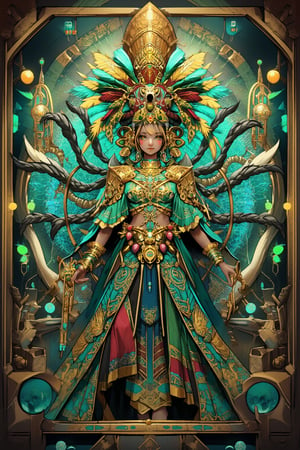 1girl,Hatsune Miku, reimagined in ancient Aztec style. She wears an elaborate headdress adorned with long teal feathers and gold ornaments, resembling a quetzal bird. Her outfit is a mix of traditional Aztec clothing and her signature style: a teal and gold huipil tunic with intricate geometric patterns, layered over a long skirt with Aztec calendar motifs. Gold arm cuffs and anklets with turquoise inlays. Her iconic twin tails are braided with colorful threads and gold beads. She holds a ceremonial staff topped with a digital interface symbol. Miku's face paint mimics Aztec designs in teal and gold. The background features a step pyramid with glowing teal circuit patterns. Surrounding her are stylized Aztec representations of music notes and digital waveforms. The overall color palette is rich with teals, golds, reds, and earth tones. The art style blends traditional Aztec art with modern anime aesthetics.,1girl,Anime Style,niji,lyh,dal,Made of adrr-zllj