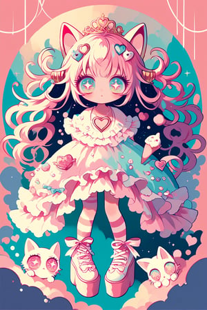 1girl ,vtuber anime character design,love＋peace＋ice cream,big Eyes,((Eyes that protrude from the contours of the face)),((Extremely deformed eyes)),
An over-the-top maximalist Vtuber character in hyper-decorative pink Lolita fashion. Her anime-style face features enormous, sparkling eyes in gradient pastel colors, framed by impossibly long eyelashes. Her multi-layered hair cascades in a riot of pastel pinks, purples, and blues, adorned with an excess of bows, flowers, and glittering accessories. She wears a frilly, cupcake-shaped dress in various shades of pink, covered in lace, ribbons, and ruffles. The dress is further embellished with candy motifs, stuffed animals, and miniature tea sets. Multiple petticoats peek out from beneath, each a different shade of pink. She sports striped stockings and platform shoes with heart-shaped buckles, Numerous bracelets, rings, and necklaces adorn her, along with a tiara and cat-ear headphones, background is a dizzying collage of pastel colors,anime style,anime girl,future0615