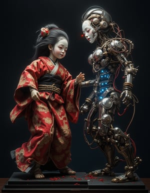 A dramatic duel scene between traditional Ichimatsu doll and cybernetic Ichimatsu doll. Pure traditional doll has classic pale porcelain face, perfect black hair, and pristine red kimono with gold patterns. Cybernetic doll features broken porcelain face revealing chrome skeleton, glowing red eye sensor, exposed metal spine, and torn red kimono showing mechanical parts with blue LED glow. Both dolls in dynamic fighting poses on black display base. Traditional doll stands elegantly while cyber doll twists in unnatural mechanical angles. Studio lighting creates contrast between soft shadows on traditional doll and harsh metallic reflections on cyber parts. High detail showing both kimono embroidery and mechanical elements (servos, wires, metal joints). Dramatic composition suggests confrontation between tradition and technology. Professional photography with vintage horror aesthetic, sharp focus on both dolls' faces. Cold color grading punctuated by red kimono, glowing sensors, and blue LED accents.