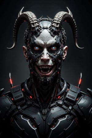 Bust-up portrait of Caucasian male cyborg vampire. Predominantly black cybernetic body with visible mechanical parts, wires, and glowing tech elements. Pale, ashen face with vampiric features. Completely white eyes, no iris or pupils. Demonic goat-like horns protruding from forehead, curving backwards. Crown of barbed wire wrapped tightly around head, digging into skin. Long, sharp fangs visible. Neck area shows transition between synthetic skin and mechanical components. Harsh, dramatic lighting emphasizing contrast between pale face and dark body. Sinister, otherworldly expression. Hyperdetailed textures: cold metal, synthetic skin, rough horn surface. Background dark and atmospheric, suggesting gothic or sci-fi setting. Blend of vampire lore, cyberpunk aesthetics, and demonic imagery..,LinzExoboneRobot,