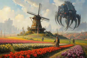 
Oil painting of 19th century Dutch landscape. Foreground: Vibrant tulip fields with rows of red, yellow, pink, and purple flowers. Midground: Typical Dutch windmill, wooden with large blades. Farmers in traditional dress walking through fields. Background: Ominous, gigantic quadrupedal war machines, black and futuristic in design. Sky: Characteristic Dutch low-hanging clouds. Lighting: Soft afternoon sunlight illuminating fields. Brushwork: Impressionistic style. Vivid colors for tulips, detailed windmill, mysterious outlines for machines. Composition: Lower 2/3 tulip fields and windmill, upper 1/3 sky and machines. Atmosphere: Pastoral beauty contrasting with unsettling futuristic presence, creating unique tension,surrealportraits, illustration,complex detail lineart,AbmoilPainting