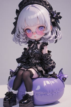 (Cute anime-style chibi figurine),3d figure,
Create a highly detailed figure, a cute girl sitting on a large cushion,Her outfit is Gothic Lolita style, featuring a black lace-trimmed dress with black ribbons and frills,wears pink-rimmed glasses,
She wears thigh-high stockings, black lace gloves, and platform shoes with ribbons,hair is styled in loose curls and adorned with a Gothic headdress, muted tones that complement the girl's elegant yet cute look,silver and purple accents to match her Gothic style,lyh,dal,create figure 2,