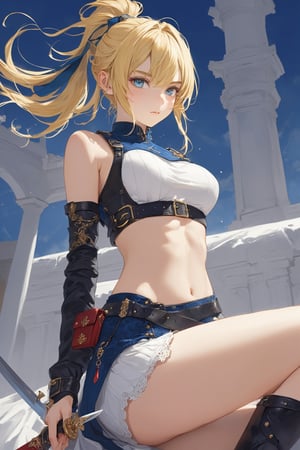 boyish girl,15yo,Beautifully detailed blue eyes,Almond Eyes,round eyebrows,
navel, underboob,chest binder,Thick ponytail hair,Blonde,wearing spats.,leg pouch,dagger,
A beautiful assassin with a dagger at the ready, listening attentively to her enemies.,elegg