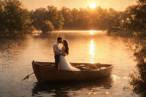 Romantic sunset over a tranquil lake. Couple kissing on a small wooden rowboat. Golden light reflecting on calm water. Man and woman in intimate embrace, silhouetted against vibrant orange and pink sky. Ripples around the boat, creating subtle reflections. Lush trees lining the distant shore. Long shadows stretching across the water's surface. Dreamy, soft focus atmosphere. Highly detailed, photorealistic style with painterly touches. 8K resolution, focus on the couple and immediate surroundings. Warm color palette emphasizing the romantic mood. Masterpiece quality, emotional impact.