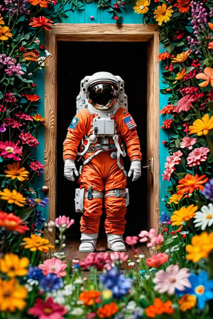 Imagine a beautiful flower field, with vibrant blooms stretching as far as the eye can see,Person on the other side of the door, Astronaut,
Nestled among the flowers is an unexpected sight a wooden door, clearly made of lightweight material like cardboard or balsa wood, standing upright amidst the blossoms. Despite its humble construction, the door is adorned with intricate carvings and painted with vivid colors, adding to its whimsical charm,astronaut_flowers