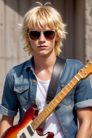  Australian male,short blonde mallet hairstyle,((Straight-cut bangs)), sunglasses,(freckles),(ugly face),Provocative expressions,(wide forehead:1.4),
image of a rocker boy, His hair, dyed in flashy blonde tones, is effortlessly styled,(holding electric guitar), reflecting his vibrant personality and style,His attire is powerful and casual, denim jeans and a vintage-style T-shirt,
