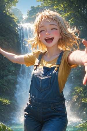 1Girl,Radiant scene of an American girl, in overalls standing under a majestic waterfall,Golden sunlight filtering through mist, creating rainbow prisms. Girl with wet blonde hair and freckles, laughing with joy. Overalls clinging to her form, soaked by cascading water. Bare feet on mossy rocks. Surrounding lush greenery glistening with spray Powerful water flow creating white foam and sparkling droplets,濡れた体、濡れた衣服, Ethereal glow enveloping the scene. Girl's outstretched arms embracing the natural power. Background of towering cliffs and blue sky peeking through trees. Photorealistic style capturing the vibrancy of youth and nature's beauty."