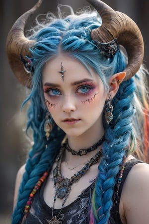 ultra Realistict, demon girl, (Complex Longhorn) ,crazy alternate hairstyle, amazingly intricately (dreadlocks) hair,colorful color hair, each braid painstakingly created,decorated with delicate accessories and beads,aesthetic,Beautiful Blue eyes, ,Rainbow haired girl ,bj_Devil_angel,dal-1