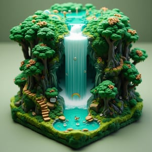 Isometric style, beautiful magical forest diorama,. Multilayer 3D cube structure with a width of 30cm,
A huge amount of water falls from a gigantic and beautiful mysterious waterfall, a beautiful rainbow appears around the waterfall, and miniature golden butterflies decorate the surrounding area.
Overall greenish color scheme. Highly detailed, 8K resolution, tilt-shift effects. Photorealistic miniature art style.,noc-isometric,EdwardH0pp3r