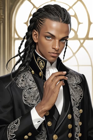 Extreme detailed,Realistic,solo,aesthetic art,
official art, extremely detailed, Extreme Realistic, african beautiful teen boy,beautifully detailed eyes, detailed fine nose,((long hair)),
long braid hair, detailed fingers,muscle body, wearing extremely detailed luxury male Prince Albert coat, high quality, beautiful high Detailed white short hair,boy,emo,Perfect Hands