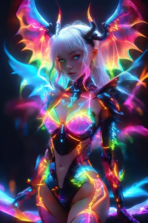 Extreme detailed,ultra Quality,1girl,perfect Body,
Hologram body girl,hybrid albino demon little queen, (long intricate horns),mini wings,Wearing hologram doctor suit,outline only,glowing wireframe, rainbow hologram,random color,transparent body, void body, only outline neon tube,rainbow colors, CyberPunk style,aesthetic grid, silhouette ,neon style,3D Mesh,neon,LegendDarkFantasy,alien,Strong Backlit Particles,outline,APEX colourful ,ichika,ruanyi0735,bodysuit