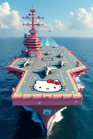 A cute aircraft carrier,with a whimsical Sanrio character design, the carrier is painted in pastel pinks, blues and yellows and features a large painting of Hello Kitty smiling out from the side on the hull. The flight deck is decorated with a Sanrio-themed runway and is adorned with tiny stars, ribbons and hearts. In the center of the deck, a giant Hello Kitty bow acts as the control tower, while U.S. fighter jets are lined up preparing to take off.