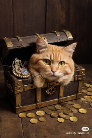 "A cat waiting inside a treasure chest, with only its face peeking out from the opening. The treasure chest is ornately decorated with gold and jewels, giving it an ancient and mysterious appearance. The cat has bright, curious eyes and a playful expression, its whiskers twitching slightly as it surveys its surroundings. The scene is set in a dimly lit room, with the chest placed on an old wooden floor, surrounded by scattered coins and a few pieces of antique jewelry, adding to the sense of hidden treasure and adventure.",cat