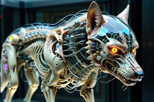 Imagine a cyberpunk-style anatomical artwork of a wolf monster. The creature's body is transparent, revealing its intricate internal skeleton. Neon lights highlight the bones, giving them a glowing, futuristic look. Wires and cybernetic implants intertwine with the bones, adding a high-tech aspect to its anatomy. The wolf's eyes are luminous with digital irises, and its claws are reinforced with metallic enhancements. The background features a dark,c1bo