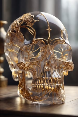 Skull made of crystal, beautiful atmosphere with golden lines, completely transparent bones,skll