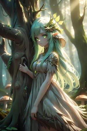 1girl,Enchanted forest scene with a Skogsrå (Scandinavian forest spirit). Beautiful woman with long green hair and tree-bark back. Magical surroundings: ancient trees, glowing mushrooms, misty air. Ethereal lighting, dappled sunlight. Dress of living plants. Hidden fantastical creatures. High fantasy style, photorealistic details, vibrant green and gold palette. Depth of field effect,bingnvwang