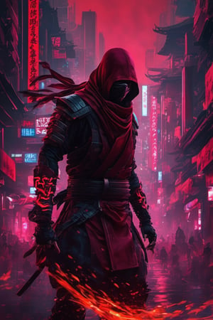 hyper Realistic, Extreme Detailed, (glitch Noise), 1 man, he is a ninja Slayer, ninja killing ninja, Dressed in crimson ninja costumes (only red color:1.4),Draped in a rich crimson garb, the ninja adorns a traditional shinobi head covering and a face-concealing mask, (crimson red Ninja costume), (wearing a very very long red scarf:1.2), (no-weapon:1.2), wearing gauntlet, they fight in the darkness of the city, Wearing a ninja mask with kanji written on it,face with shadow,(Eyes Emit strong red Light and leave a band of light:1.2), He doesn't have a weapon, raise fist Fighting pose in anger, furious, The ninja burns with anger over the death of his wife and child, and vows revenge and throws himself into a reckless battle.Brake, heavy acid rain, CyberPunk, The streets of Tokyo lined with futuristic mega buildings, golden cube floating in the sky

,Obsidian Enigma Art Style,Gric,photo r3al,neon,LegendDarkFantasy,Ninja