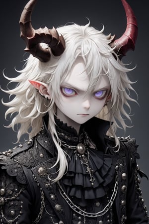 Japanese anime,(Masterpiece), Albino devil boy,((boy)),(long intricate horns:1.2),intricate iris detailing, Dressed in a seductive blend of baroque and punk fashion styles, her attire is reminiscent of baroque-era royalty, with intricate lace, frills and embellishment. The garments feature ornate baroque-inspired garments with intricate lace, frills and embellishments, however, the traditional elements are juxtaposed with edgy punk accents such as leather straps, spikes and chains, adding a rebellious, contemporary twist to his ensembles,
,cic. ,dal