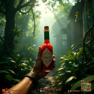 POV first-person survival game screenshot. Dense, lush jungle environment.

Central focus: Player's hand holding a pristine Tabasco sauce bottle, glinting in dappled sunlight.

Environment: Thick vegetation, large leaves, vines hanging. Rays of sunlight penetrating canopy. Misty atmosphere.

UI elements:
- Bottom left: Health bar, stamina meter, hydration gauge
- Bottom right: Mini-map showing dense forest
- Top right: Inventory slots with survival items (machete, canteen, compass)
- Top left: Mission objectives, temperature/humidity indicator

Visible arms wearing torn, muddy sleeves.

Lighting: Green-tinted, filtered sunlight creating a dappled effect.

Style: Hyper-realistic 3D game graphics with high detail on foliage and Tabasco bottle.

Additional details:
- Sweat droplets on screen edges
- Mosquitos or small insects visible in air
- Partial view of a rusted, overgrown structure in background, hinting at lost civilization
- Subtle lens flare from sunlight hitting Tabasco bottle