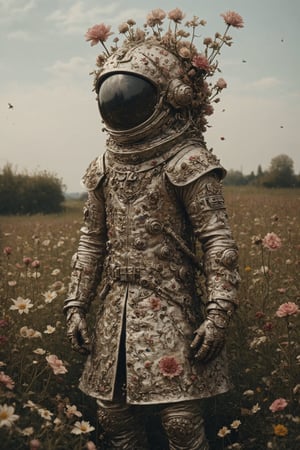 beautiful bizarre,The Art of Kris Kuksi,Intricate Design,Aphrodite, 
A person whose head is a tank turret,wears the coat of a medieval nobleman,
,action figure,LimbusCompany_Dante,astronaut_flowers,flower Field