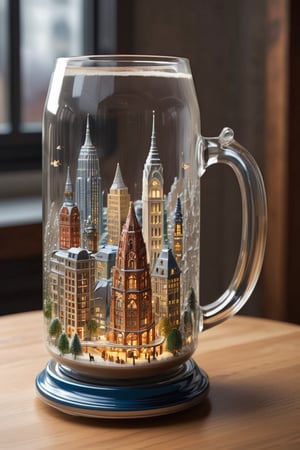 Imagine a lively metropolis within the beer stein – tiny skyscrapers made from delicate glass, intricate streets lined with minute trees, and even a microbrewery corner with its own nano-sized patrons. Every detail, from the miniature lampposts to the teeny-tiny park benches, contributes to the charm of this beer glass diorama. The cityscape comes to life, capturing the essence of a bustling urban environment in a whimsical and incredibly detailed fashion.,rivghn
