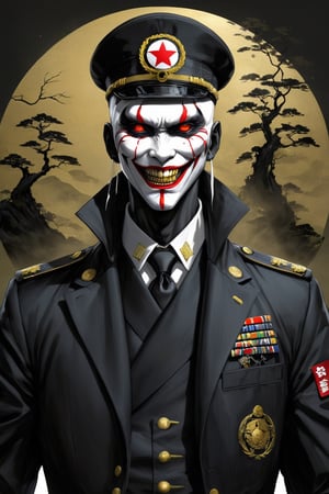 Fearsome and formidable enemy, unusually slender man,grim face,queer smile, a vampire man, crazy face, 35Yo,((eerily glowing golden eyes)), a deeply worn military cap, and dressed in the formal attire of the old Japanese army, he exudes an aura of authority,((black shroud)),His military uniform features a tailored jacket decorated with intricate details and traditional symbols, white gloves marked with a pentagram,pentagram,zavy-cbrpnk,Hiro Crazy Dimension