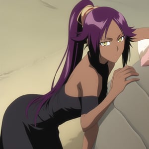 Yoruichi Shihouin, solo, female focus, dark skin, gold eyes, woman, long purple hair, high ponytail, black dress