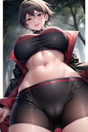 Realistic, (((Photorealistic))), beautiful girl (((masterpiece))), (((hd shot))), absurdres, (((intricate details))), (colorful),((cinematic lighting)),bust shot,(((extremely detailed CG unity 8k wallpaper))),1girl, short hair, sarada uchiha, glasses, forest, woods,flowing hair, sexy body, ((exposed stomach)),(((sweat_drops))), (((steaming_body))), red and black jacket, red and black topwear, strapless, smile, (glistening_body), collar, tired, exhausted,milf body, ((view_from_below)), ((looking_at_viewer)), large thigh, lifting legs