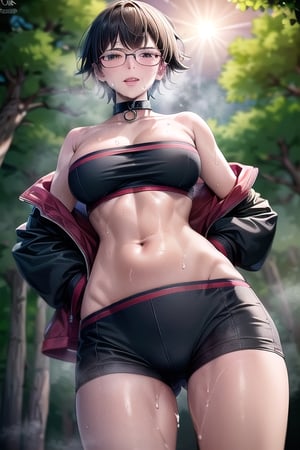 Realistic, (((Photorealistic))), beautiful girl (((masterpiece))), (((hd shot))), absurdres, (((intricate details))), (colorful),((cinematic lighting)),bust shot,(((extremely detailed CG unity 8k wallpaper))),1girl, short hair, sarada uchiha, glasses, forest, woods,flowing hair, sexy body, ((exposed stomach)),(((sweat_drops))), (((steaming_body))), red and black jacket, red and black topwear, strapless, smile, (glistening_body), collar, tired, exhausted,milf body, (((view_from_below))), ((looking_at_viewer)), large thigh, hand_on_hip