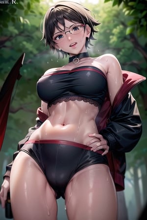 Realistic, (((Photorealistic))), beautiful girl (((masterpiece))), (((hd shot))), absurdres, (((intricate details))), (colorful),((cinematic lighting)),bust shot,(((extremely detailed CG unity 8k wallpaper))),1girl, short hair, sarada uchiha, glasses, forest, woods,flowing hair, sexy body, ((exposed stomach)),(((sweat_drops))), (((steaming_body))), red and black jacket, red and black topwear, strapless, smile, (((glistening_body))), collar,milf body, (((view_from_below))), ((looking_at_viewer)), one_hand_on_hip