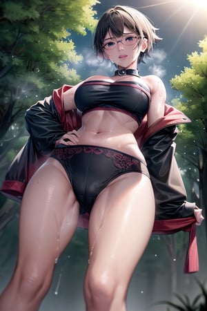 Realistic, (((Photorealistic))), beautiful girl (((masterpiece))), (((hd shot))), absurdres, (((intricate details))), (colorful),((cinematic lighting)),bust shot,(((extremely detailed CG unity 8k wallpaper))),1girl, short hair, sarada uchiha, glasses, forest, woods,flowing hair, sexy body, ((exposed stomach)),(((sweat_drops))), (((steaming_body))), red and black jacket, red and black topwear, strapless, smile, (glistening_body), collar, tired, exhausted,milf body, (((view_from_below))), ((looking_at_viewer)), large thigh, hand_on_hip