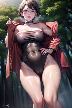 Realistic, (((Photorealistic))), beautiful girl (((masterpiece))), (((hd shot))), absurdres, (((intricate details))), (colorful),((cinematic lighting)),bust shot,(((extremely detailed CG unity 8k wallpaper))),1girl, short hair, sarada uchiha, glasses, forest, woods,flowing hair, sexy body, ((exposed stomach)),(((sweat_drops))), (((steaming_body))), red and black jacket, red and black topwear, strapless, smile, (glistening_body), collar, tired, exhausted,milf body, ((view_from_below)), ((looking_at_viewer)), large thigh, close up shot, hand_on_waist