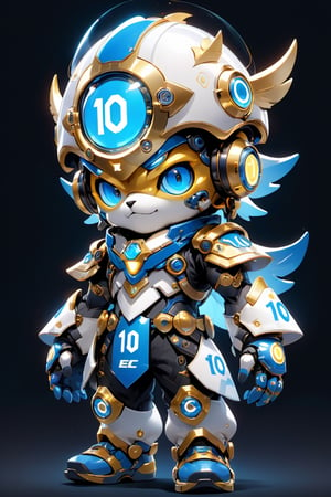 Create a digital mascot cyber justice with specs a blue and white eye mascot with neon wiring and translucent eye visor chip and circuitry, put a  helmet visor with gold and metallic translucent glass in the forehead, in the style of futuristic mascot, some translucent electrical wiring and gold metal bolt to form a majestic component formation on this mascot body, (((put number 10 on body))), This mascot shall be a luck totem and bless the owner with endless creativity in order to create a better digital world for Artificial intelligence Artist in the world! ***LENKAIZM***