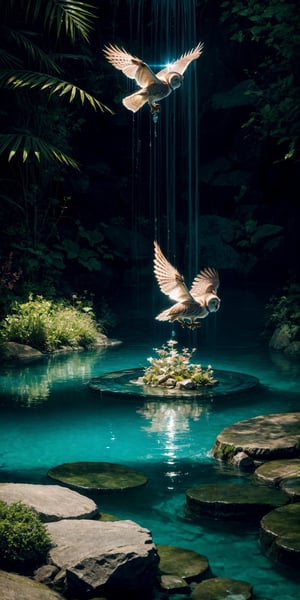 Lenkaizm prompt: an owl fairie ghost swimming on a percelain water sink in washroom, overlooking a stream, iridescent, luminescent, light beams, sparking water, perfect composition, award winning, perfect composition, beautiful detailed intricate, 16k artistic photography, photorealistic concept art, soft natural volumetric cinematic perfect light, stunning render quality 