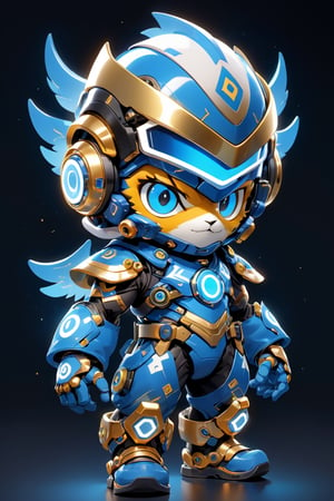 Create a digital mascot cyber justice with specs a blue and white eye mascot with neon wiring and translucent eye visor chip and circuitry, put a  helmet visor with gold and metallic translucent glass in the forehead, in the style of futuristic mascot, some translucent electrical wiring and gold metal bolt to form a majestic component formation on this mascot body, (((put number 10 on body))), This mascot shall be a luck totem and bless the owner with endless creativity in order to create a better digital world for Artificial intelligence Artist in the world! ***LENKAIZM***