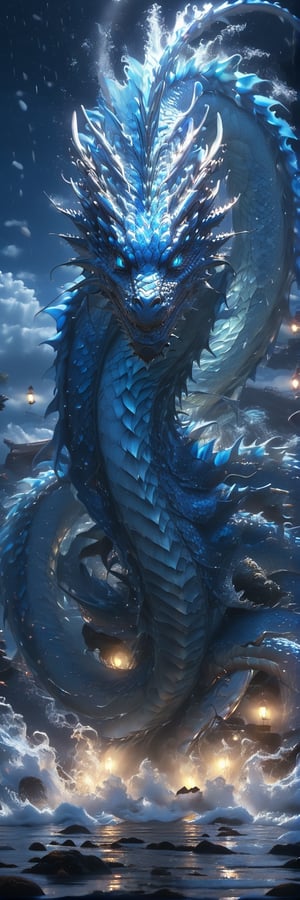 Bioluminescent sci-fi water dragon with glittering wet scales, shiny blue eyes, semi transparent body showing its internal organs, in the ocean, moonlight, rainy, water splash, high contrast, sharp shadow, more detail XL,BJ_Sacred_beast, extremely detailed, photorealistic, best quality, 16k, hi-res, official_art,Sci-fi, 