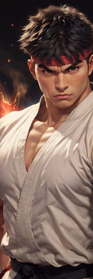 (high quality, masterpiece:1.3, 16k hdr image) Extremely detail picture of Ryu from Street Fighter game, short black hair, bold eye brow, strong jaw, heroic eyes, Veined mucle, sweat ok body and clothes, hair, extremely detailed black eyes, emitting red ki chakra aura around the body, shining skin, hyper-defined, fighting ready pose, luminous hues of golden siluet background, scenery, outdoor, building, More Detail,sfr1v