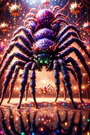 draw a cheerful cute fuzzy psychedelic spider on a strangely decorated stage, diverse and colorful, high depth of field, soft lighting, glitter, photorealistic, highly detailed, best quality, 16k, all picture in frame, centered, shiny reflection, sharp shadow, cinematic, (masterpiece:1.5) ,BJ_Sacred_beast