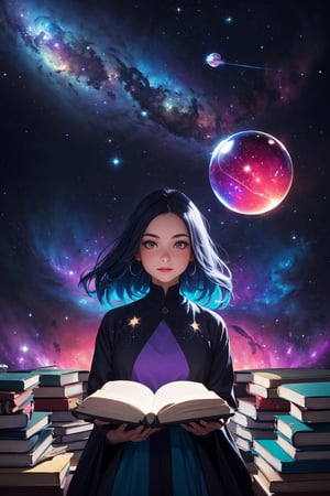 1girl, holding a crystal glass ball that encasing a whole nebula within, study room full of flying book in the background, complex_bg, vibrant color, shining clothes that embracing entire universe